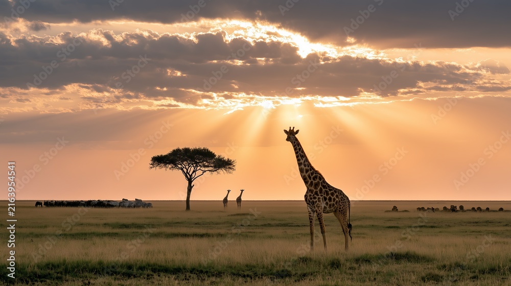 Naklejka premium A lone giraffe stands gracefully under a dramatic orange sunset in the African savannah, accompanied by distant trees and zebras.