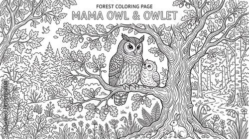 Forest coloring page with mama owl sitting on oak tree with baby owlet. Vector wild bird illustration