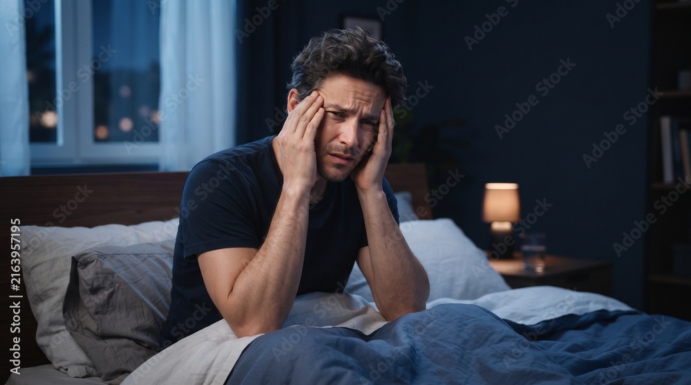 Obraz premium Stressed man suffering from insomnia in bed. Mature male with headache and sleep disorder. Tired person feeling pain at night.