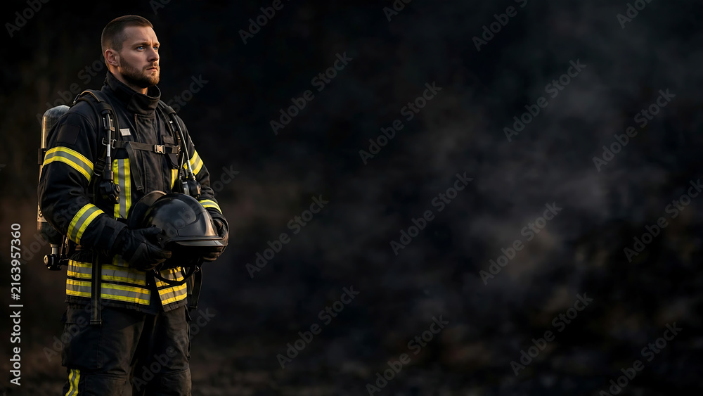 Fototapeta premium Professional Firefighter in Protective Gear Standing in Smoke After Fire