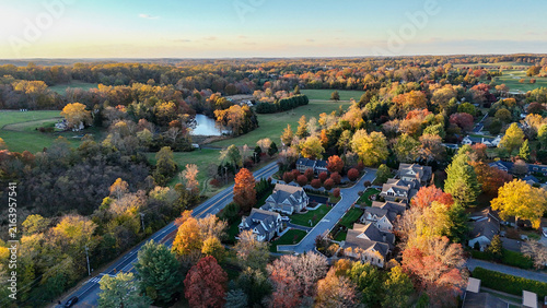 Aerial View of an Autumn Residential Neighborhood Near a Golf Course in Greenville, Delaware