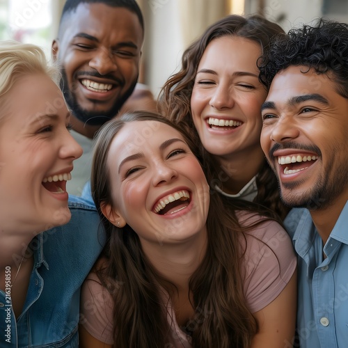 Grupo alegre y diverso de amigos jóvenes riendo juntos con energía positiva y felicidad