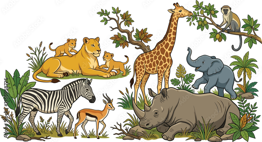 Naklejka premium African Safari Animals Vector Illustration Collection with Lioness Cubs Giraffe Elephant Zebra Rhinoceros Gazelle and Monkey in Savanna Nature Background