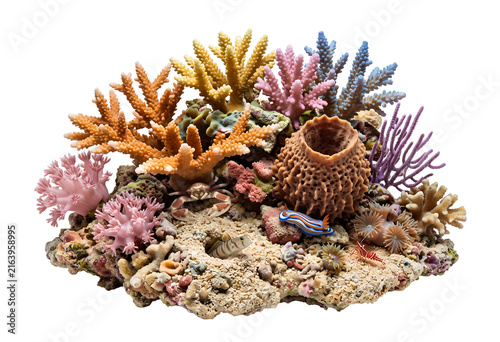 Miniature reef community presented as a single isolated ecosystem specimen, irregular sandy substrate supporting colorful branching coral