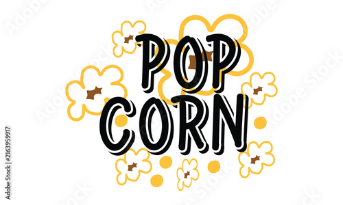 Popcorn text with bold black letters and yellow outlines surrounded by stylized yellow popcorn shapes on a clean white background