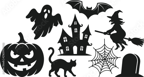 Halloween spooky silhouette collection with pumpkin ghost bat witch cat haunted house and spiderweb vector