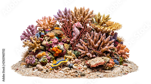 Photorealistic complete miniature coral reef ecosystem isolated as one cohesive natural habitat, sandy seafloor base with branching corals
