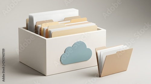 Naklejka Cloud computing data storage concept featuring minimalist filing box with folders representing digital document organization