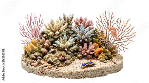 Photorealistic isolated miniature reef nursery ecosystem, compact sandy habitat surrounded by young branching corals and sponge colonies