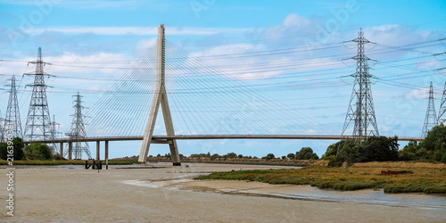 Flintshire Bridge and multiple electricity pylons spanning the Dee