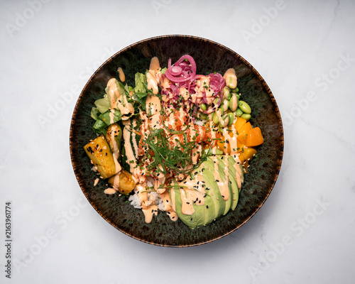 Photography Vibrant salmon poke bowl with fresh ingredients