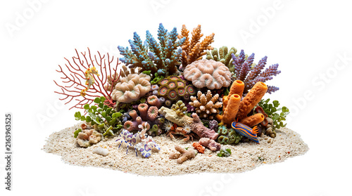 Tropical micro reef ecosystem isolated on a clean white background, compact patch of pale sand surrounded by colorful coral colonies