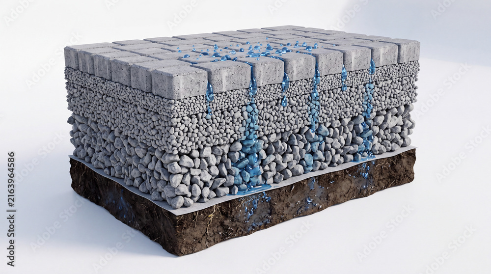Fototapeta premium Highly realistic educational-style 3D cutaway of a permeable pavement system showing porous pavers, bedding gravel