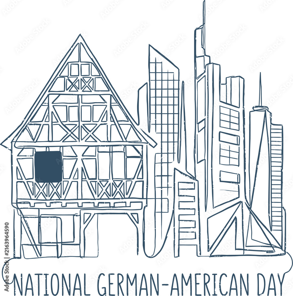 Naklejka premium Single line art combining half timbered house facade and skyscraper silhouettes for National German-American Day poster