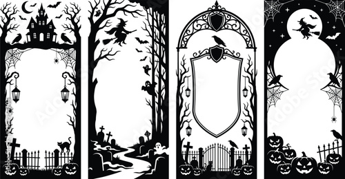 Halloween Spooky Night Vertical Frame Collection with Haunted House Graveyard Witch and Pumpkin Silhouette Design Backgrounds