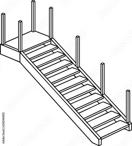 Isometric Staircase Line Art Vector Illustration with Top Landing for Architecture and Construction Graphic Design Projects