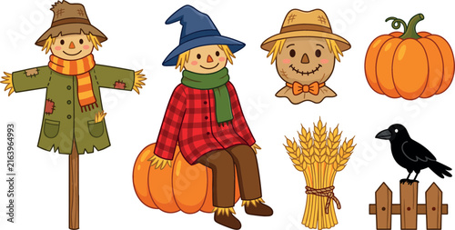 Cute scarecrow cartoon characters vector set featuring friendly fall harvest mascots pumpkins wheat bundle and black crow on a wooden fence isolated
