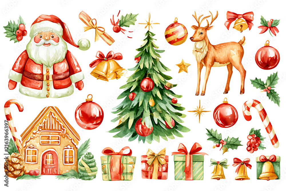 Fototapeta premium Watercolor christmas elements collection with santa, reindeer, tree, gifts, and decorations isolated on transparent background