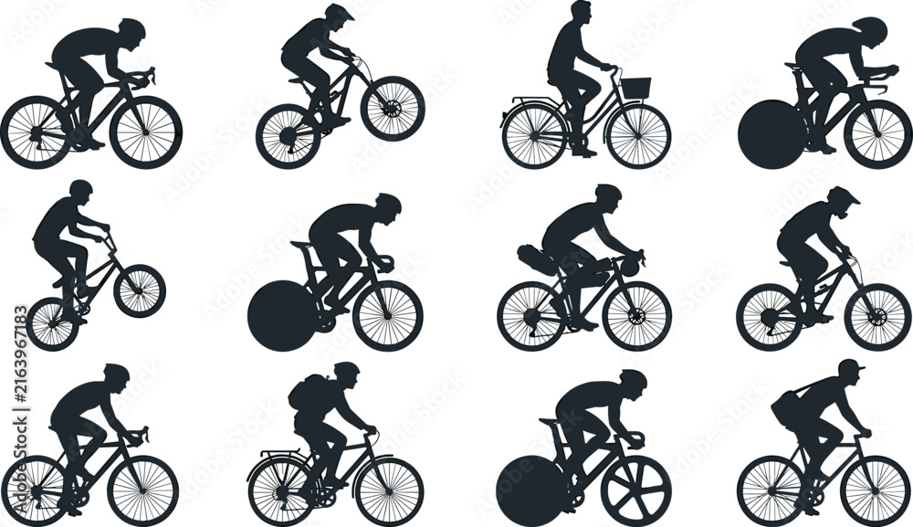 Fototapeta premium Cyclist Silhouette Vector Set with Bicycle Riders in Racing, Mountain Biking, City Commuting, BMX Stunts, and Triathlon Sport Action Poses