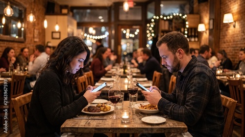 Couple at a romantic restaurant ignoring each other while looking at their smartphones