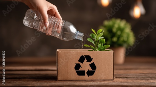 Recycling Concept: Water Poured into Plant in Recycle Box, Eco-Friendly.