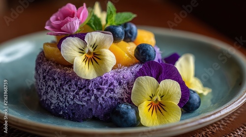 Exquisite Purple Dessert with Edible Pansies, Blueberries, Mango, and Coconut Garnish