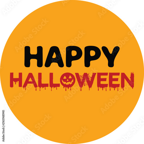 Happy halloween circular badge with bold black text and orange background, featuring a small, pumpkin isolated on, white background