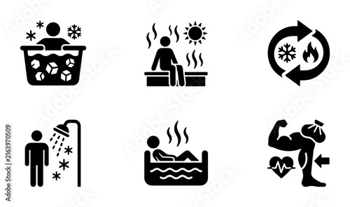 Wellness Icons: Cold Therapy, Hot Sauna, Hydrotherapy, Ice Pack, Shower, Heat Therapy