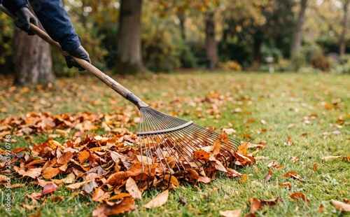Person raking fallen autumn leaves on green grass in the garden during yard cleanup and seasonal yard work
