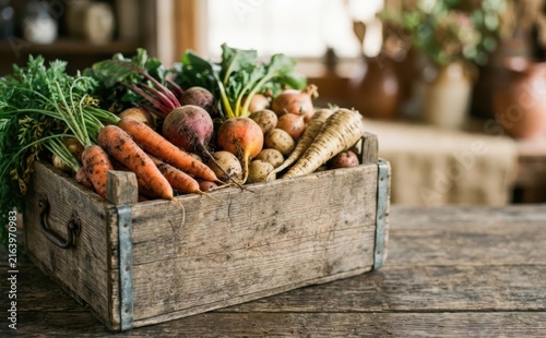 Rustic wooden crate filled with freshly harvested root vegetables on a table for farm market promotion and organic food design