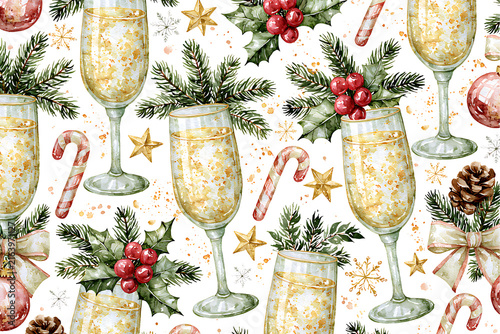 Christmas seamless pattern with champagne glasses, holly berries, pine branches, and candy canes isolated on transparent background