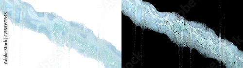 Photography Diagonal condensation band streams downward with fine droplets against solid bla