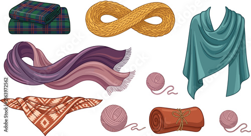 Foto Hand Drawn Winter Scarf and Knitting Accessories Collection with Plaid, Infinity