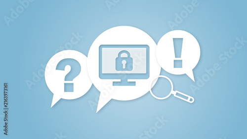 Cybersecurity concept with digital screen, lock icon, question mark, and exclamation mark in speech bubbles on a blue background representing online safety, data protection and inquiry.