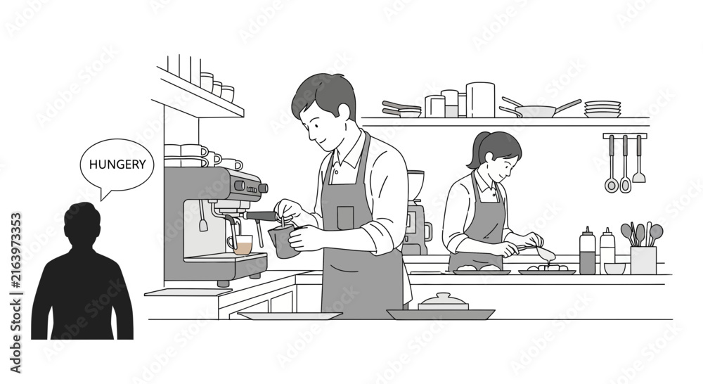 Fototapeta premium Barista making coffee, cook preparing food in kitchen, customer thinking 
