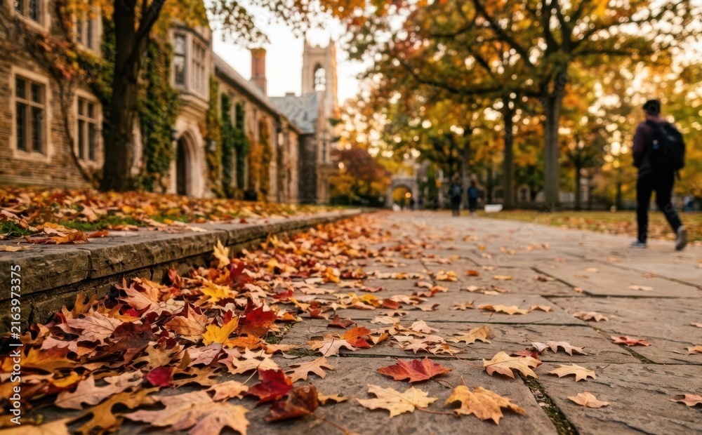 Fototapeta premium Autumn college campus pathway with colorful fallen leaves and historic university building