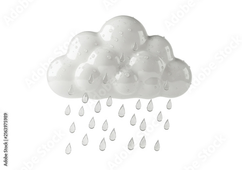 Glossy white cartoon cloud with raindrops, weather icon, isolated isolated white background
