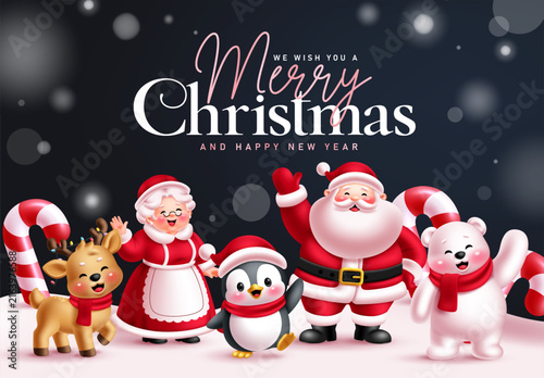 Merry Christmas and Happy New year greeting card clipart design. Christmas characters including Santa Claus, mrs Claus, penguin, reindeer and polar bear with adorable waving and cheerful smiling 