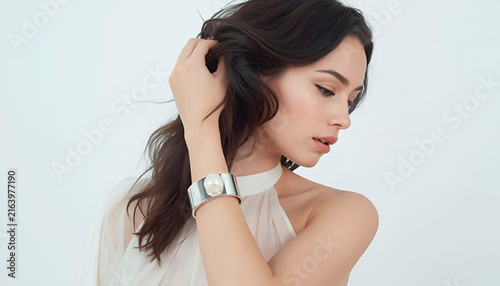 Woman with long dark hair, wearing a white dress and a pearl bracelet. She is looking down thoughtfully while touching her hair.