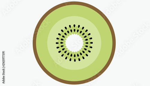 Fresh juicy kiwi fruit slice cross section showing bright green flesh black seeds and pale core.