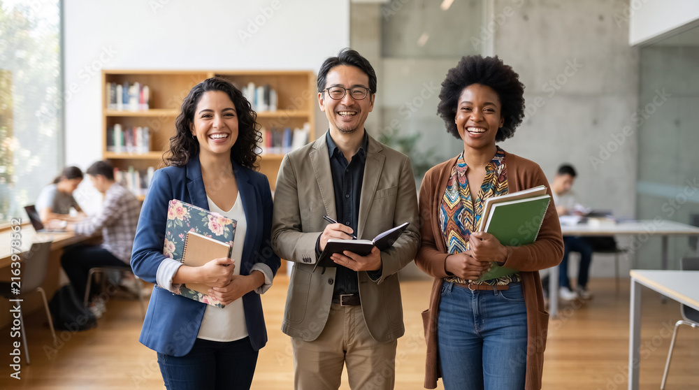 Fototapeta premium Diverse group of happy professional educators holding notebooks and folders standing together in a modern school library or university campus.