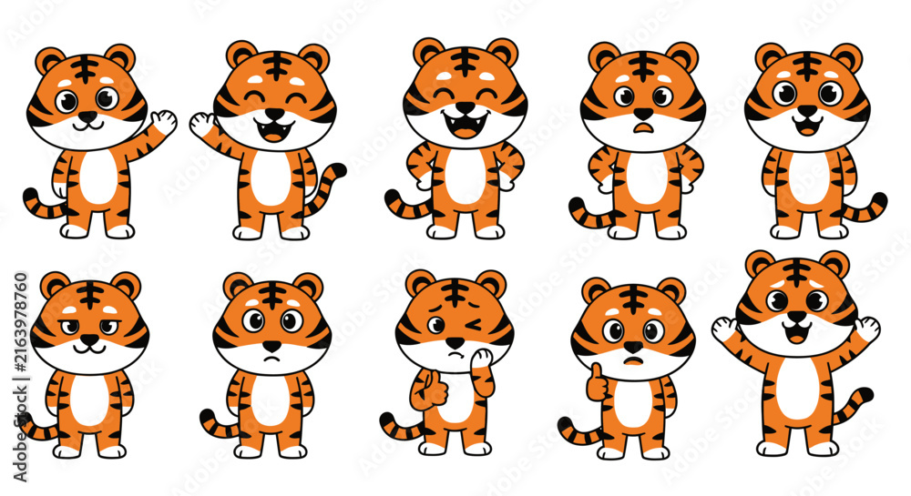 Fototapeta premium Set of ten adorable cartoon stickers and characters with expressive faces and vibrant colors, isolated on a white background for creative vector graphic design projects.