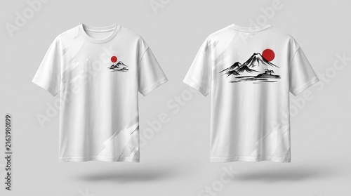 Front and Back White T Shirt Mockup with Minimal Red Sun and Ink Style Graphic