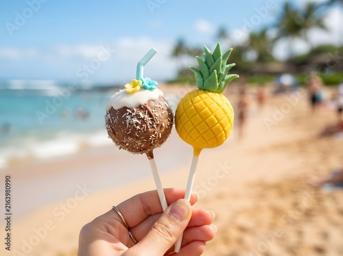 Hand holding cute coconut and pineapple cake pops on sunny tropical beach