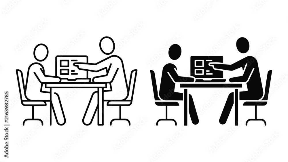 Fototapeta premium Two people working together on a computer icon with computer, collaboration
