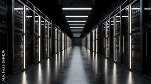 Dark server room hallway with rows of glowing racks and reflective floor