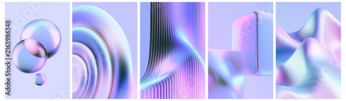 Abstract Iridescent 3D Backgrounds Set, Holographic Pastel Geometric Shapes & Liquid Waves Collection