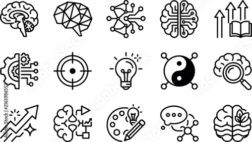 Set of thin line icons representing artificial intelligence brain power creativity and cognitive development processes for modern design