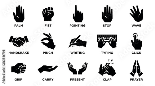 Collection of black silhouette hand gestures with descriptive labels below each