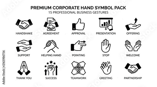 Corporate hand symbol pack including teamwork agreement success partnership and collaboration